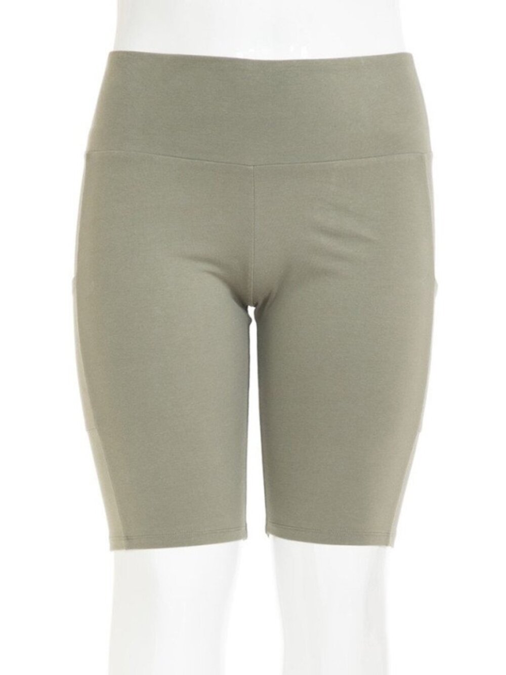 PLUS POCKET HIGH WAIST KNIT COTTON BIKE SHORTS W/POCKETS 1X-3X MILITARY GREEN